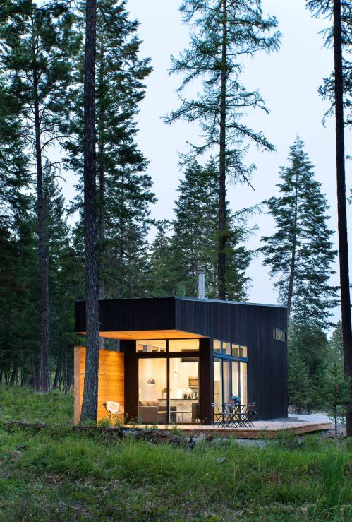 A modern black cabin nestled among tall trees, with warm light glowing from its windows in a serene forest setting.