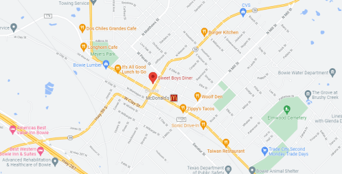 Map of Bowie, Texas, highlighting various restaurants and landmarks, including Sweet Boys Diner and McDonald's.