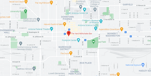 Map of downtown Phoenix, highlighting various landmarks and streets, including The Yard Milkshake Bar and nearby attractions.