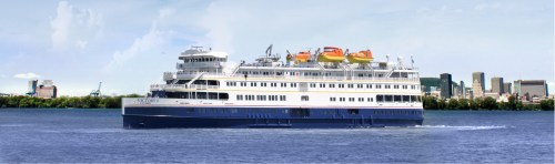 A large passenger ship with colorful lifeboats on top, sailing on a calm body of water with a city skyline in the background.