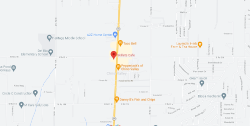 Map showing the location of Skillets Cafe in Chino Valley, Arizona, near Taco Bell and other local businesses.