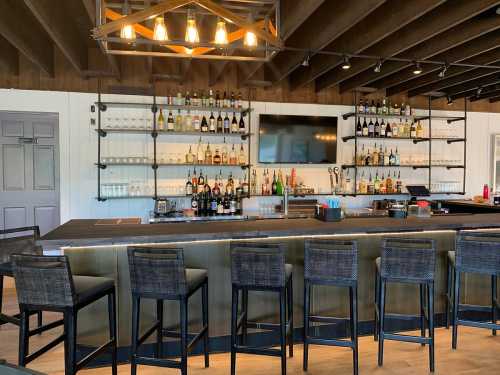 A modern bar with a variety of bottles on shelves, a large screen, and black bar stools.