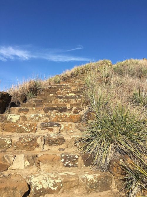 Stone steps lead up a grassy hill under a clear blue sky.
