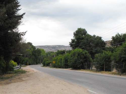 A winding road lined with trees and shrubs, leading towards distant mountains under a cloudy sky.