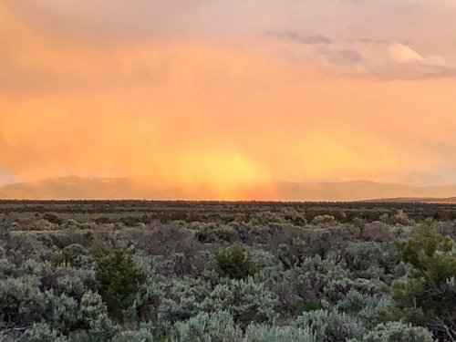 A vast landscape of sagebrush under a colorful sunset, with soft clouds glowing in shades of orange and yellow.