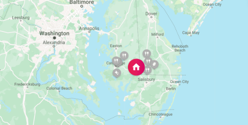 Map showing the eastern shore of Maryland, highlighting Salisbury with nearby towns and landmarks.