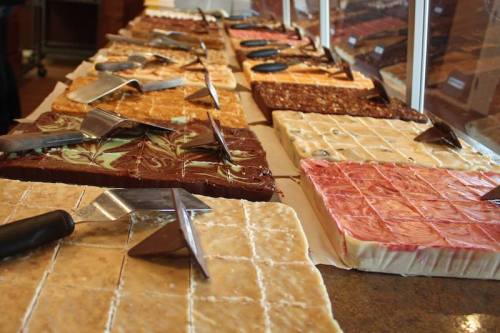 A variety of fudge flavors displayed on a counter, each topped with a metal spatula for serving.