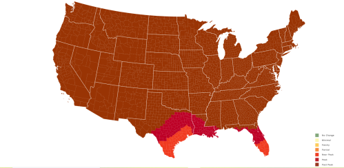 Map of the United States showing varying levels of a specific metric, with states shaded in shades of brown and red.
