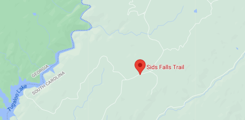 Map showing the location of Sids Falls Trail, near the border of Georgia and South Carolina.