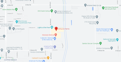 Map showing the location of Vertuccio Farms and nearby landmarks in Mesa, Arizona.