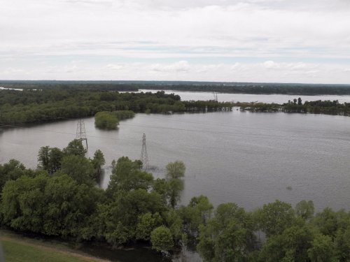 Aerial view of a flooded landscape with trees and power lines, under a cloudy sky and a river in the background.