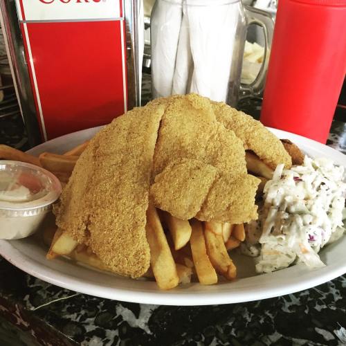 A plate of golden fried fish fillets served with French fries, coleslaw, and dipping sauce.