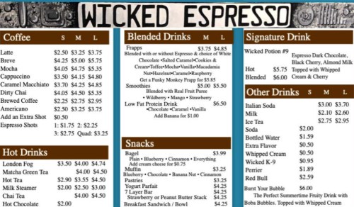 Menu for Wicked Espresso featuring coffee, blended drinks, signature drinks, hot drinks, and snacks with prices.