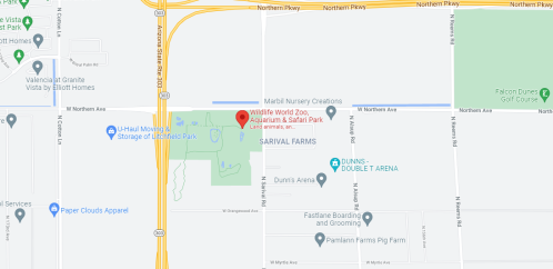 Map showing the location of Wildlife World Zoo, Aquarium & Safari Park near Northern Avenue and Sarival Farms.