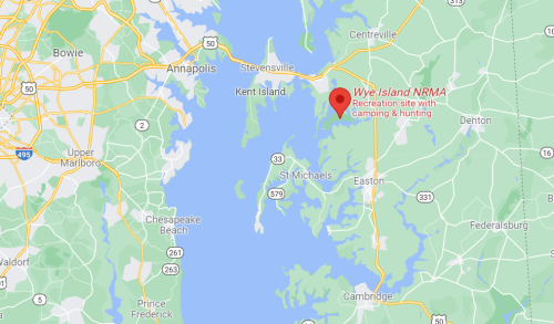 Map showing Wye Island NRMA, a recreation site for camping and hunting, near St. Michaels, Maryland.