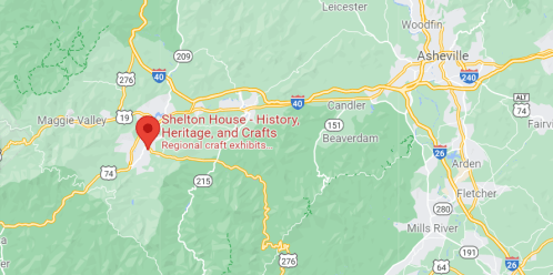 Map showing the location of Shelton House - History, Heritage, and Crafts near Asheville, North Carolina.