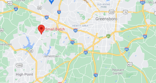 Map showing the location of "Small Batch" near Greensboro, North Carolina, with surrounding highways and towns.