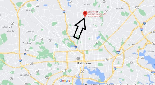Map showing Baltimore with an arrow pointing to Zen West, a Mexican cantina with a roadhouse vibe.
