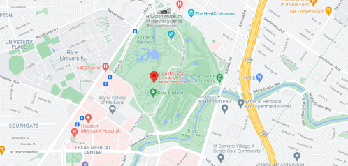 Map showing the Houston Zoo and surrounding areas, including Rice University and Texas Medical Center.