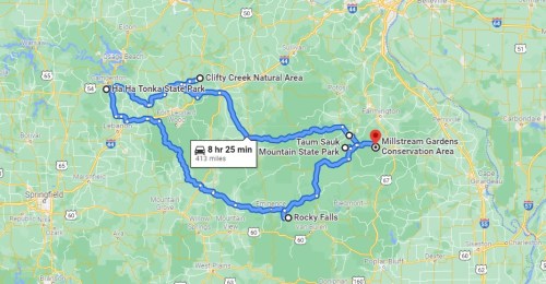 Map showing a route through Missouri, highlighting Clifty Creek, Ha Ha Tonka, Taum Sauk, Rocky Falls, and Millstream Gardens.