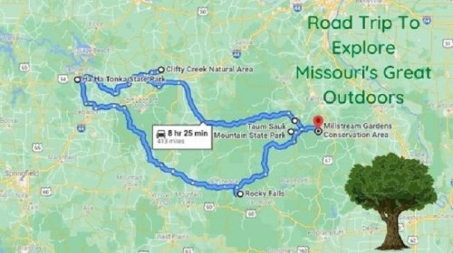 Map showing a road trip route through Missouri, highlighting parks and conservation areas with travel time and distance.
