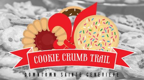 Graphic featuring a colorful logo for the "Cookie Crumb Trail" event in Downtown Sainte Genevieve, with various cookies in the background.