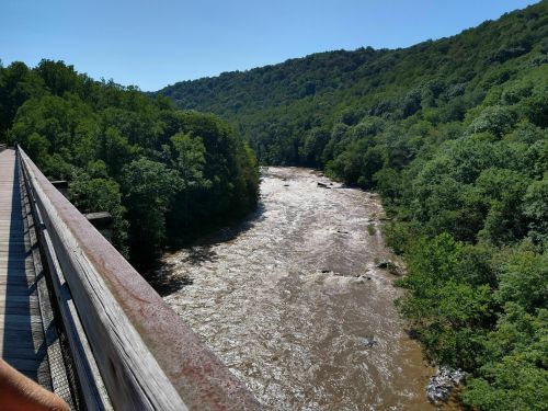 A scenic view of a river flowing through lush green hills, seen from a wooden bridge on a sunny day.