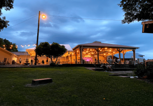 A cozy outdoor venue with string lights, surrounded by trees, under a cloudy sky during twilight.