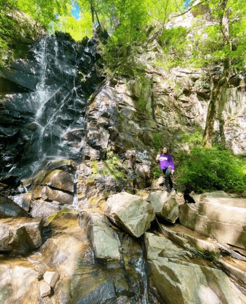 A person stands near a waterfall surrounded by lush greenery and rocky terrain. Sunlight filters through the trees.