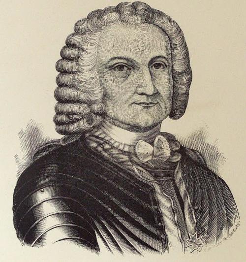 Black and white illustration of a man in 18th-century attire with curly hair and a decorative collar.