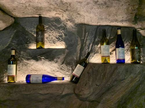 Bottles of wine displayed on a stone shelf, illuminated by soft lighting, showcasing various colors and labels.