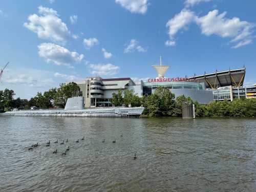 A modern building with "Carnegie" signage beside a river, featuring trees and a flock of ducks in the water.