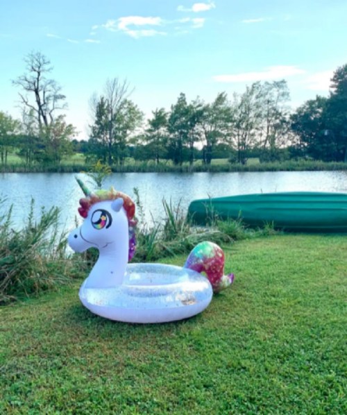 A colorful inflatable unicorn float sits on green grass by a calm pond with trees in the background.