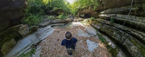 A person stands on a rocky riverbed surrounded by lush greenery and steep rock formations in a serene natural setting.