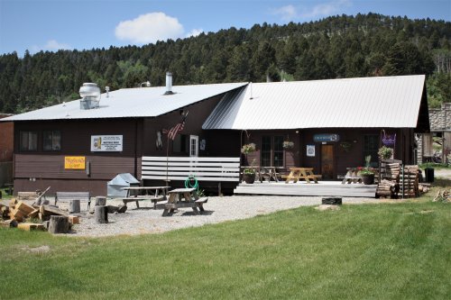 A rustic wooden building with a metal roof, picnic tables outside, surrounded by trees and a clear blue sky.