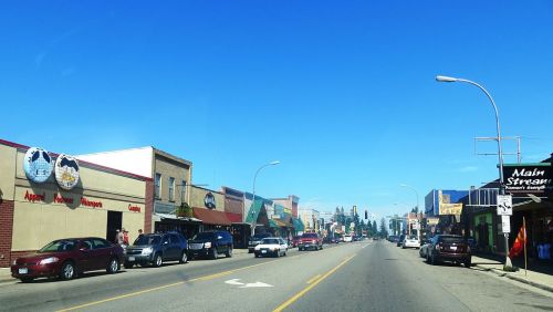 A sunny street view of a small town with shops and parked cars lining both sides. Clear blue sky above.