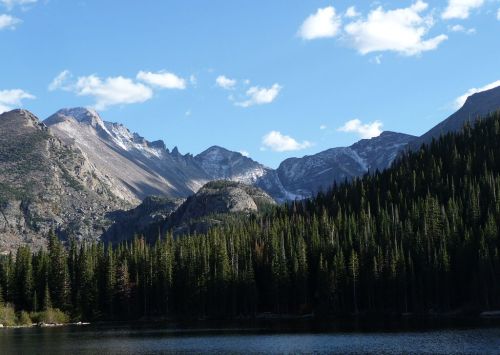 A serene mountain landscape with tall pine trees, a calm lake, and snow-capped peaks under a blue sky with clouds.