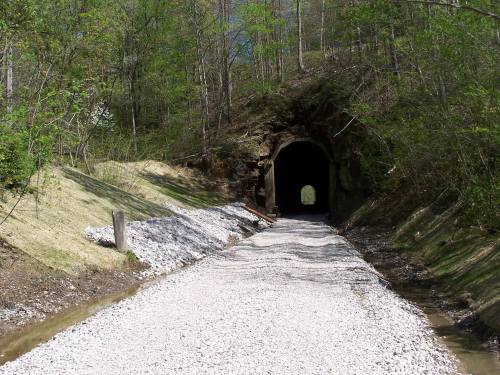 A gravel path leads to a dark tunnel surrounded by lush greenery and trees.