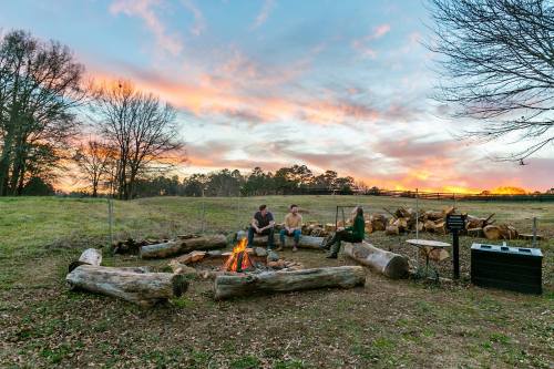 Three people sit around a campfire on logs, with a sunset and open field in the background.