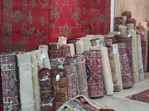 A display of rolled-up rugs in various colors and patterns, arranged neatly on the floor.