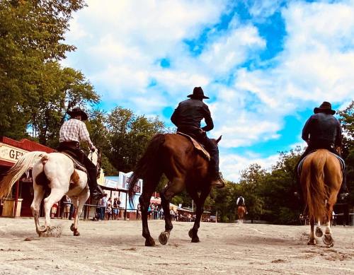 Three cowboys on horseback ride away, with a rustic town and blue sky in the background.