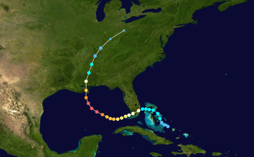 Map showing a hurricane's projected path from the Gulf of Mexico through the southeastern United States.