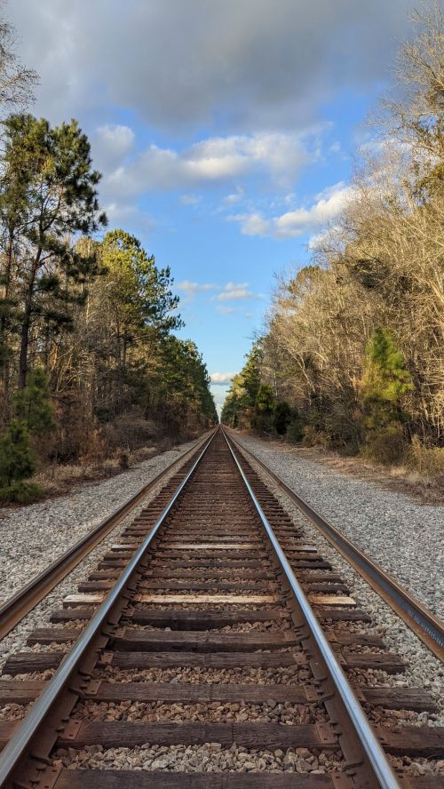 A view of railway tracks stretching into the distance, flanked by trees under a partly cloudy sky.