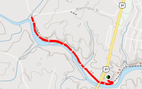 Map showing a winding river route with roadways labeled, including Washington St and Highway 21.