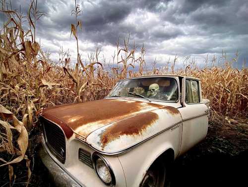 A rusty old truck sits in a cornfield under a cloudy sky, with a skeleton in the driver's seat.