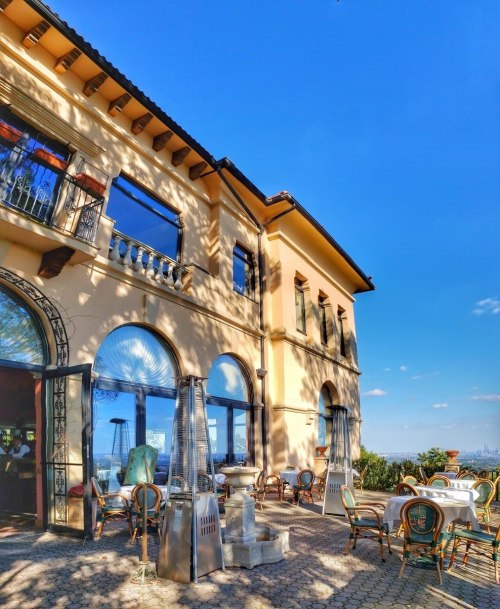 A sunny outdoor dining area with elegant chairs and tables, set against a stylish building and clear blue sky.