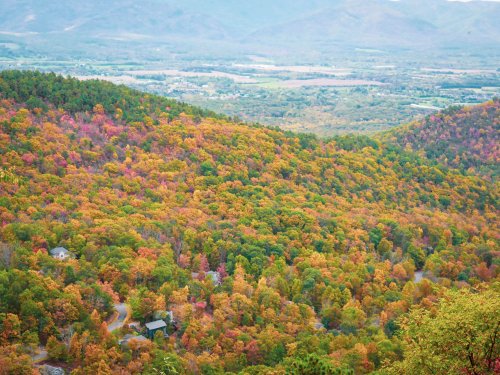 Aerial view of a vibrant autumn landscape with colorful trees and a valley in the background.