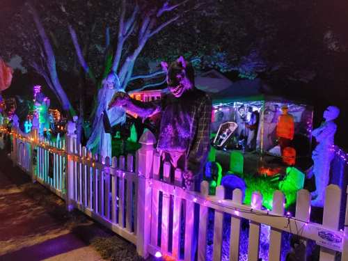 A spooky Halloween display with glowing decorations, skeletons, and a werewolf figure in a yard at night.