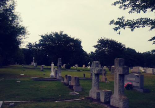 A serene cemetery scene with gravestones and trees under a cloudy sky.