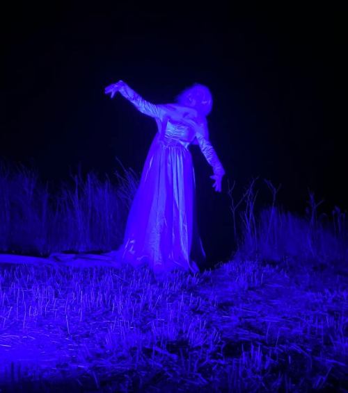 A ghostly figure in a flowing dress stands in a dark field, illuminated by eerie blue light.